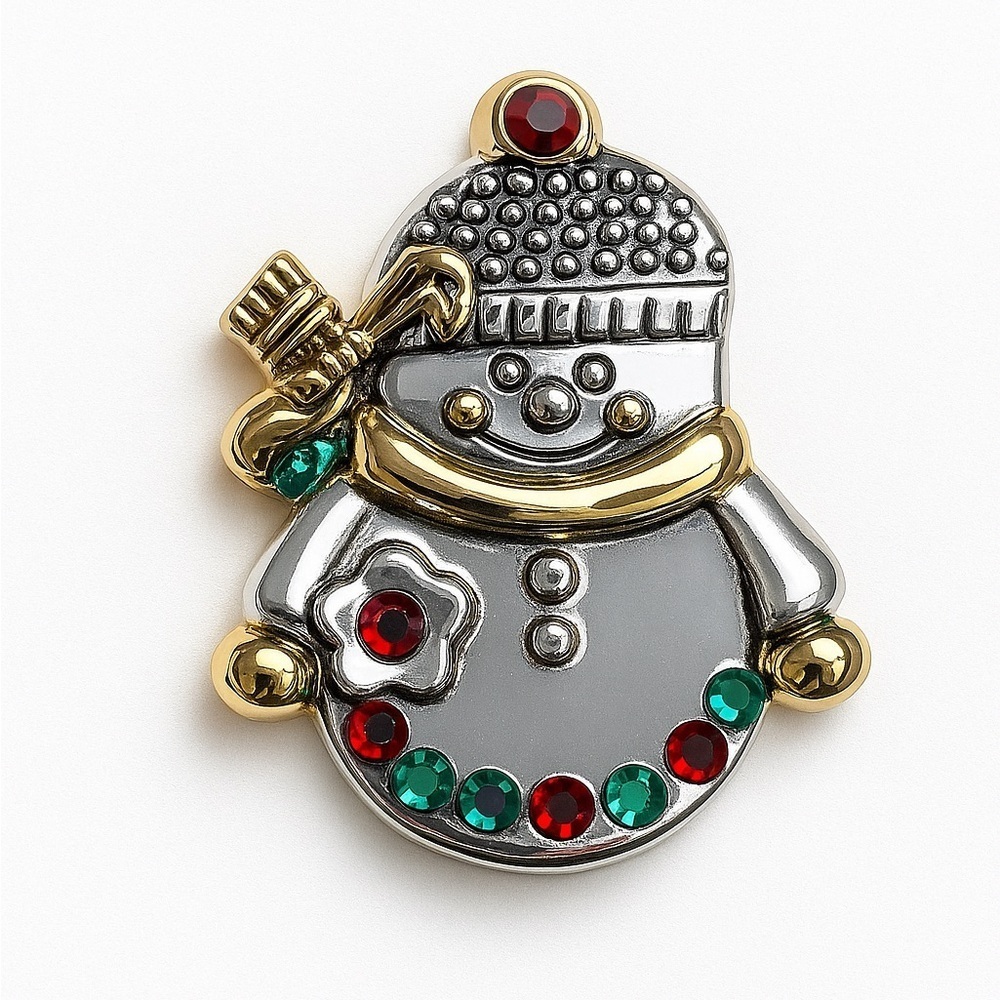 ⚜️❤️‍🔥 Festive Snowman Brooch-Pendant with Gold and Gem Accents 💎 ⛄️